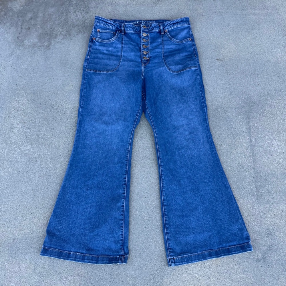 American Eagle Super High Rise Flare Jeans 18 Short Blue Button Fly Patch Pocket